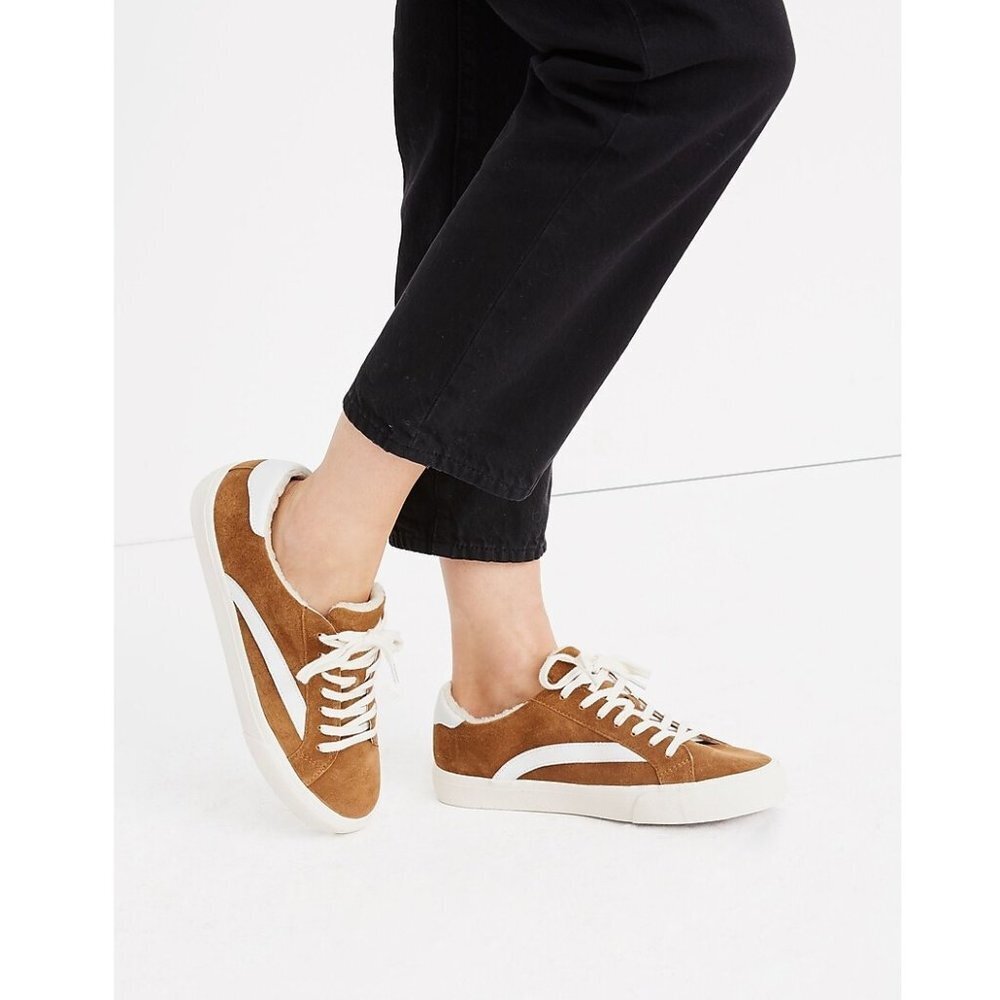 Madewell Sidewalk Suede Faux Fur‎ Low Top Sneakers in Tan Women Size 9.5